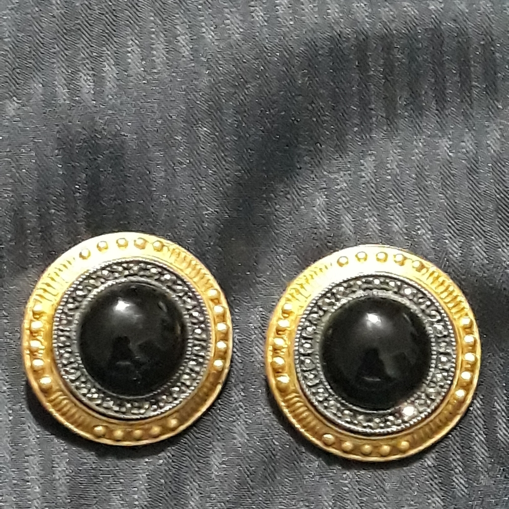 Judith Jack Signed Gold Onyx Clip Designer Earrings .